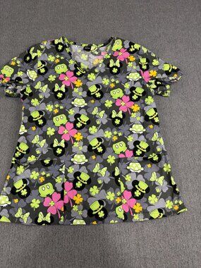 Disney Womens St. Patricks Day Clover Mickey V-Neck Scrub Top M